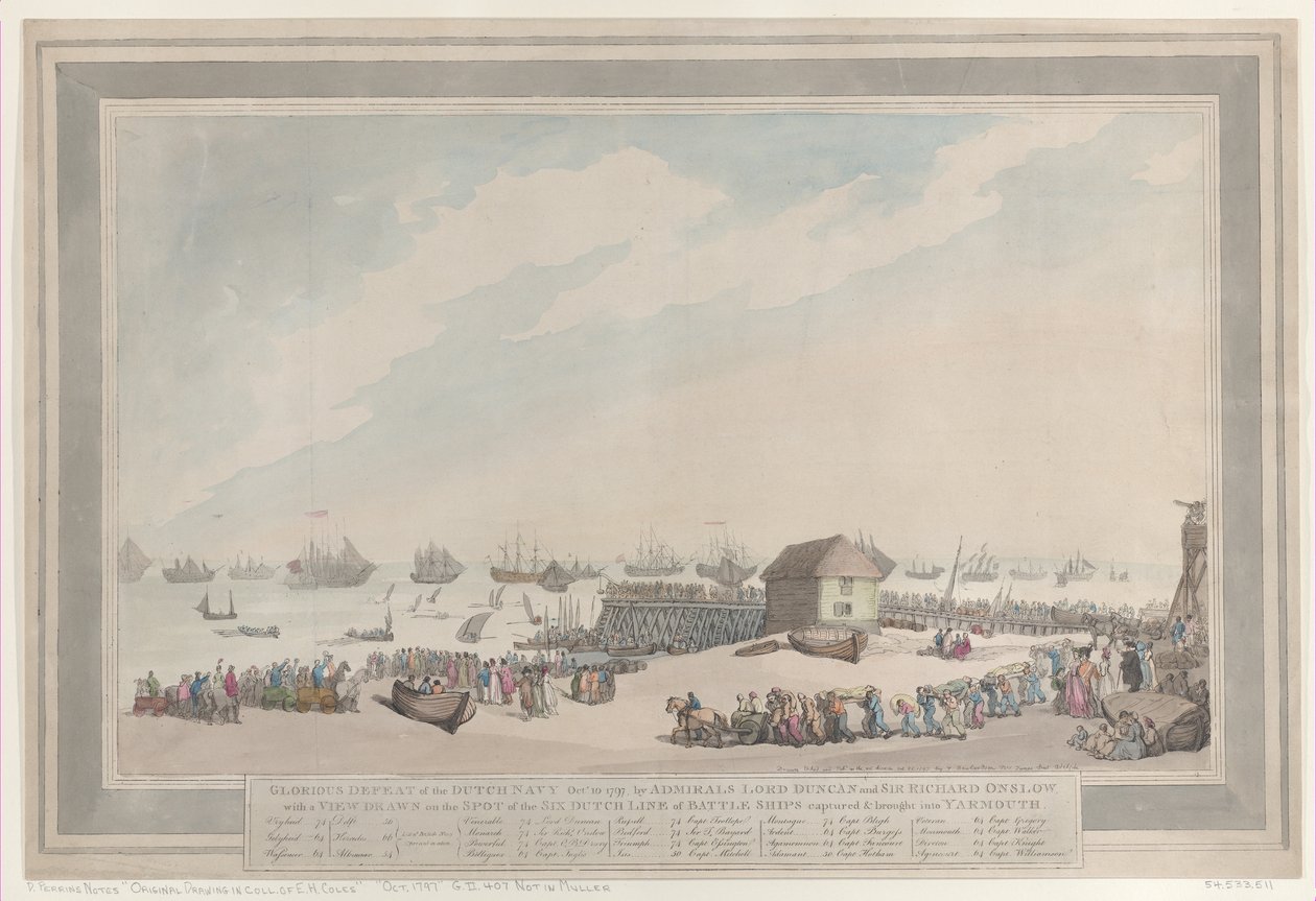 Gloriøst nederlag for den nederlandske marinen, 10. oktober 1797, av admiralene Lord Duncan og ..., 22. oktober 1797. av Thomas Rowlandson