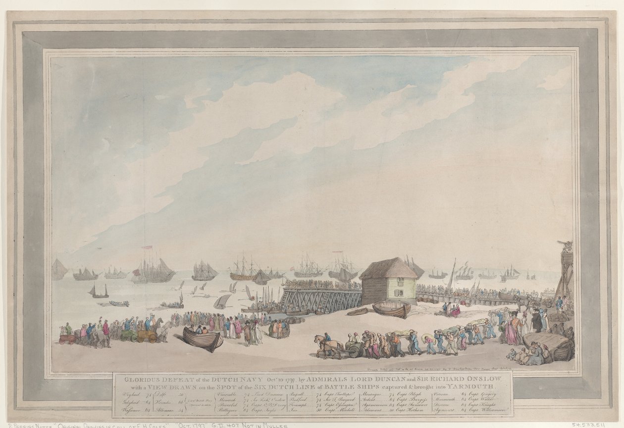 «Det strålende nederlaget for den nederlandske marinen, 10. oktober 1797», av admiralene Lord Duncan og Sir Richard Onslow, med et på stedet tegnet bilde av de seks nederlandske linjeskipene som ble erobret og ført inn til Yarmouth av Thomas Rowlandson