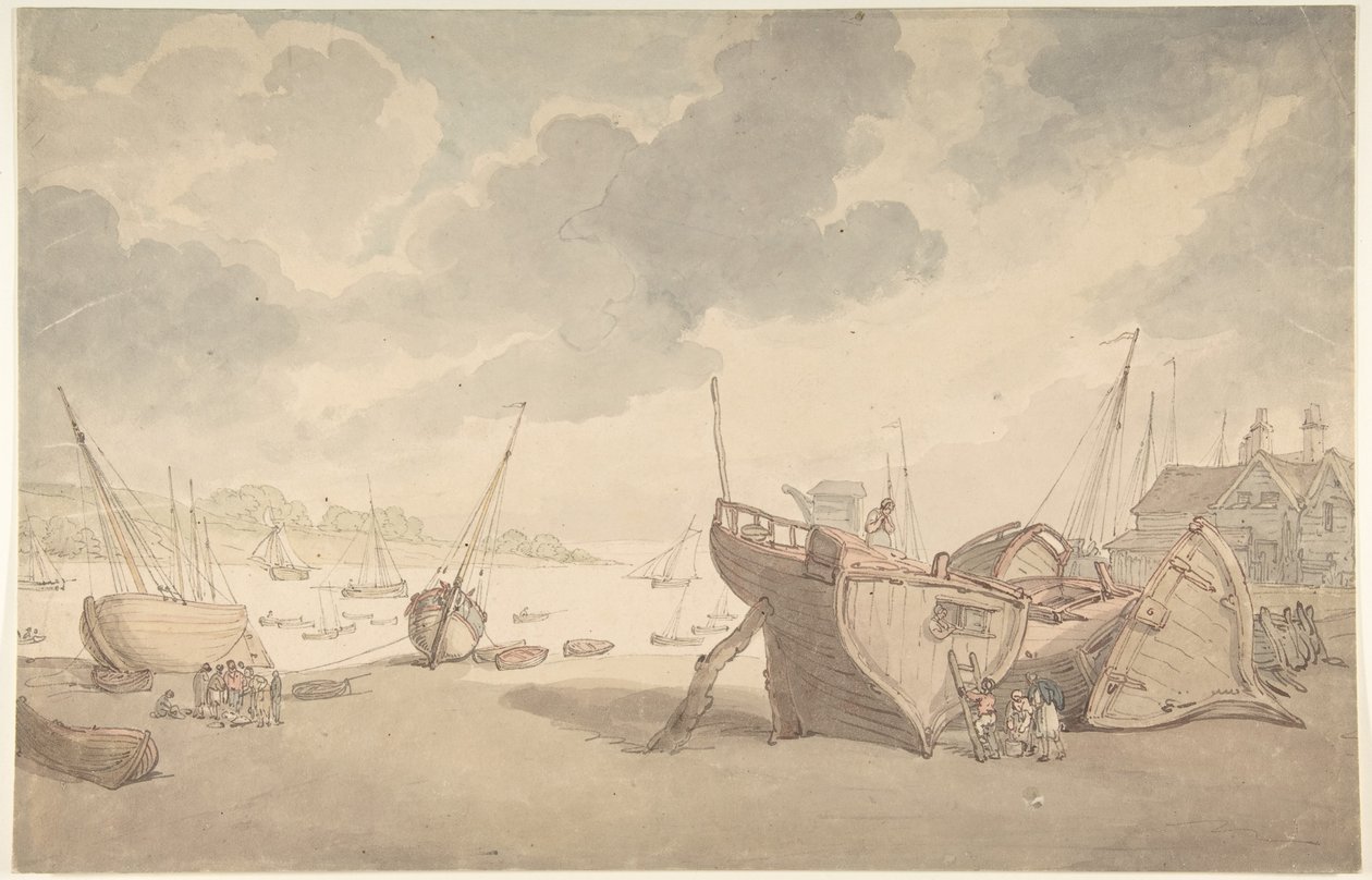 Havnescene ved lavvann, med båter som har strandet av Thomas Rowlandson