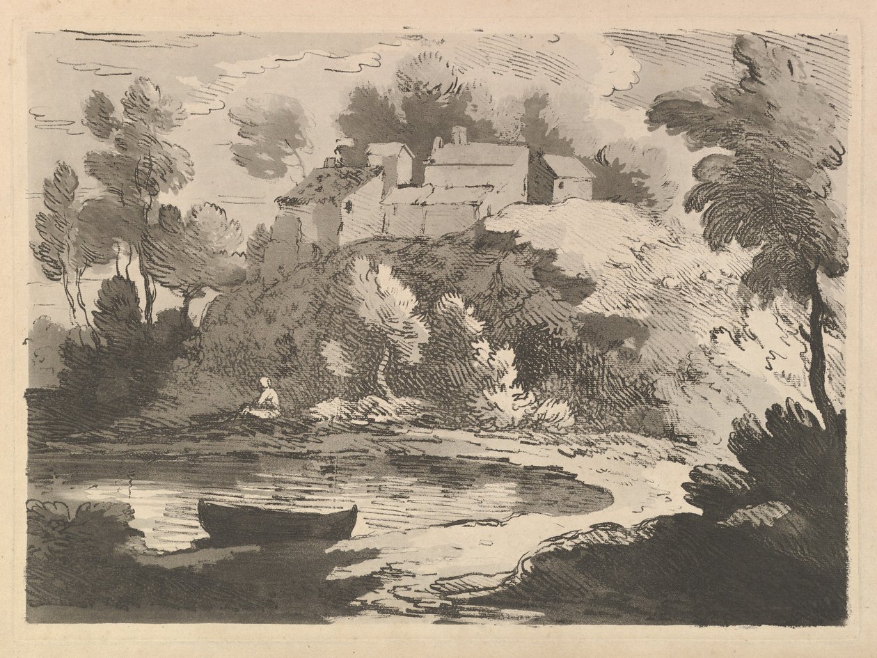 Hilly River Landscape, en båt i vannet til venstre i forgrunnen, en figur på Far Shor..., 1783-84. av Thomas Rowlandson