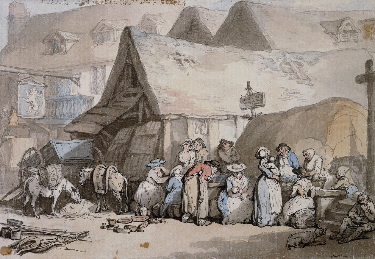 Honiton, Devon: Sko og hatter til salgs utenfor The Lion Inn, av Thomas Rowlandson
