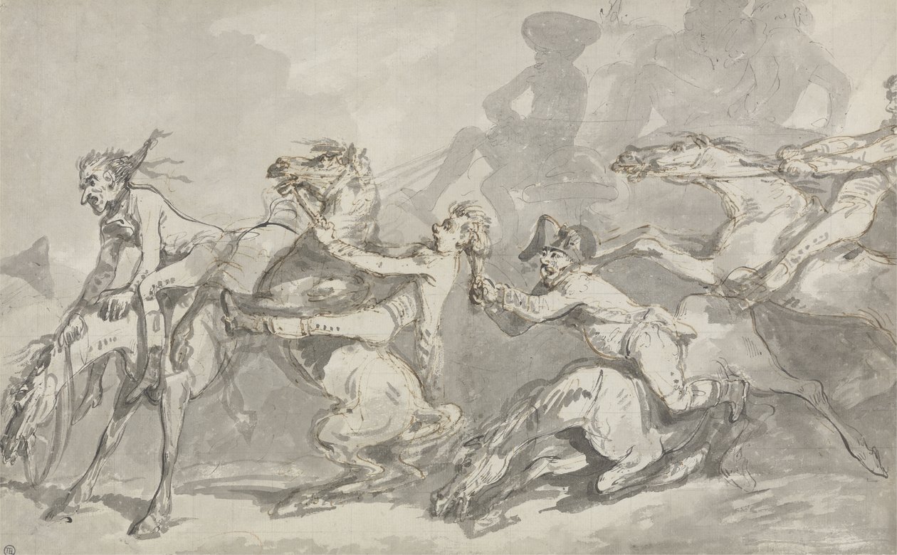 Horsemen Colliding, ca. 1785-90 (penn og blekk med brun vask på papir) av Thomas Rowlandson