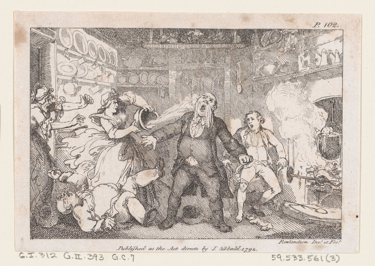 Vertinne tømmer en panne med blod i ansiktet til Parson Andrews, fra The Adventures of..., 1792. av Thomas Rowlandson
