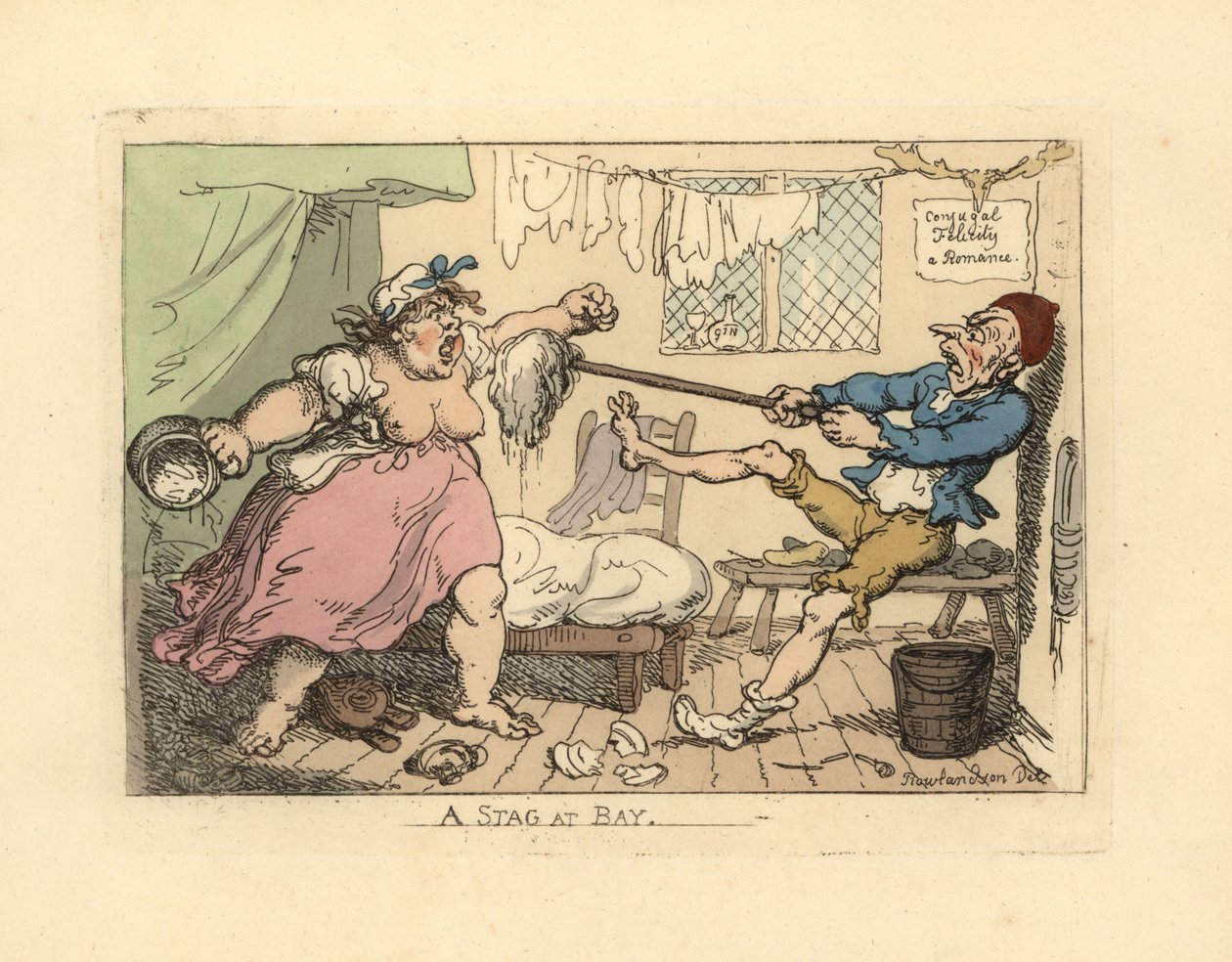 Ektemann holder av sin sinte kone med mopp. av Thomas Rowlandson