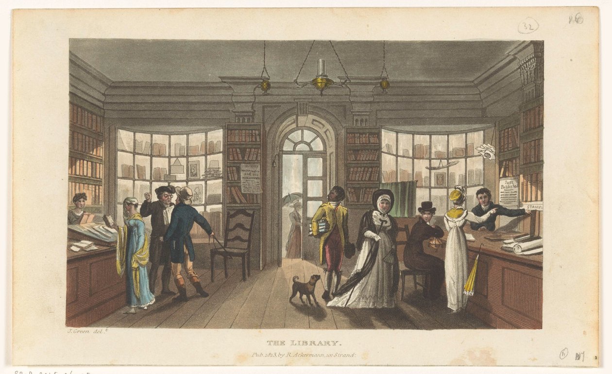 Interiøret i et utlånsbibliotek av Thomas Rowlandson