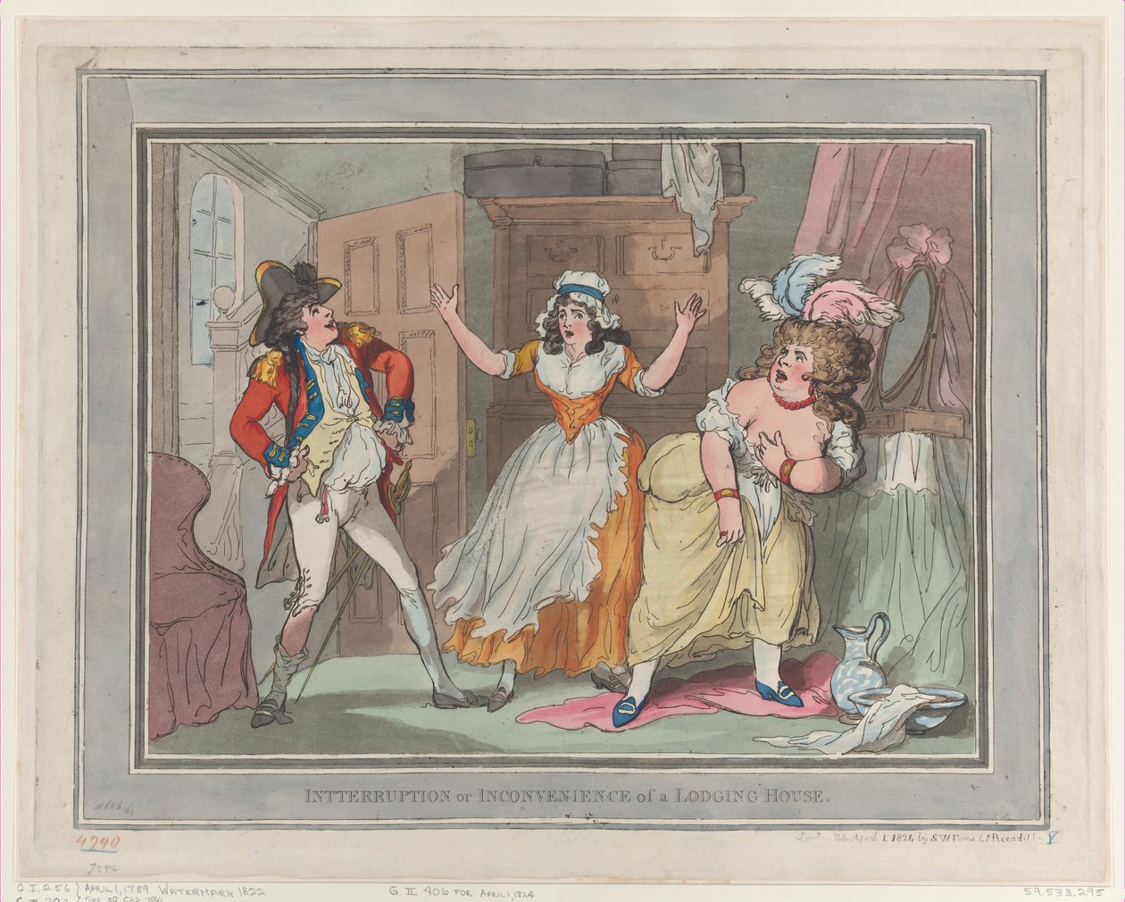 Avbrudd eller ulempe ved et overnattingssted, [Apri..., [1. april 1789], utgitt på nytt 1. april 1824. av Thomas Rowlandson