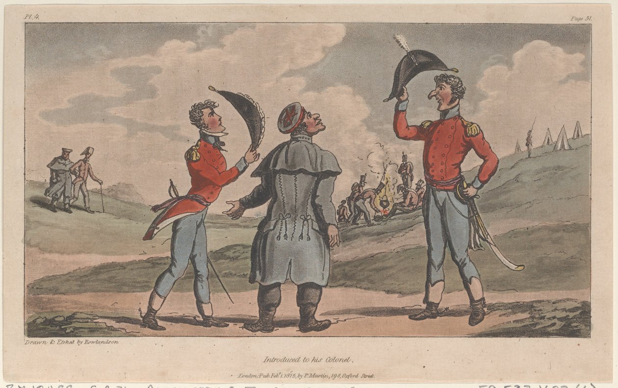 Introdusert for obersten hans, fra The Military Adventures of Johnny Newcome, 1815., 1815. av Thomas Rowlandson