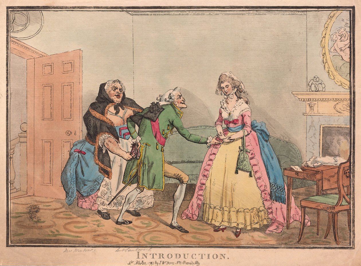 Introduksjon, pub. 1793 (håndfarget gravering) av Thomas Rowlandson