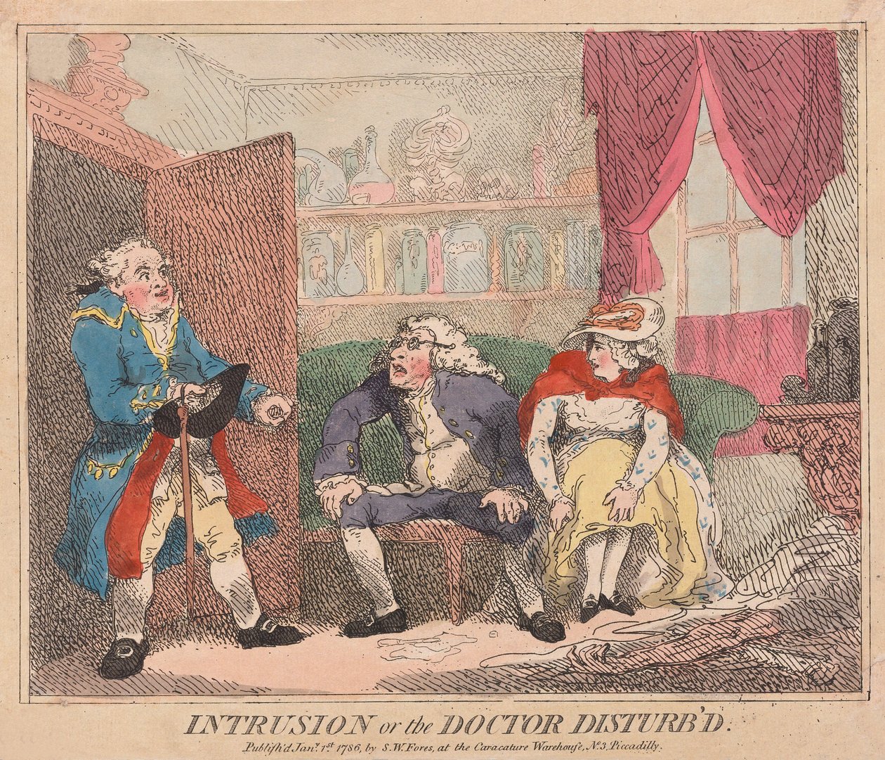 Intrusion or the Doctor Disturbd, pub. 1786 (håndfarget gravering) av Thomas Rowlandson