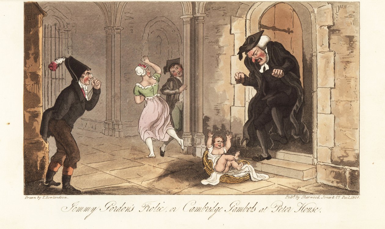 James Gordon, en beryktet Cambridge-rus, etterlater seg en baby som en spøk foran huset til en universitetsdekan. Jemmy Gordons Frolic, eller Cambridge Gambols på Peter House. Håndfarget kobberplate tegnet og gravert av Thomas Rowlandson fra The English Sp av Thomas Rowlandson