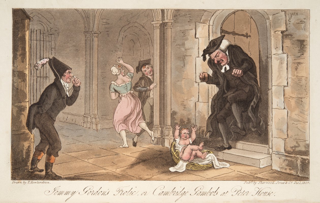 Jemmy Gordons Frolic, eller Cambridge Gambols på Peter House, fra The English Spy, pub. 1824 (håndfarget gravering) av Thomas Rowlandson