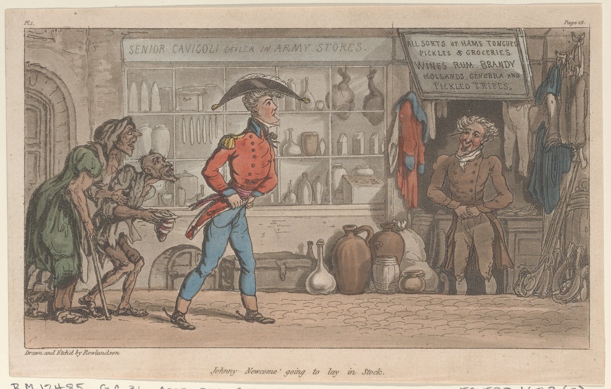 Johnny Newcome skal legges på lager, fra The Military Adventures of Johnny Newcome, 1815., 1815. av Thomas Rowlandson