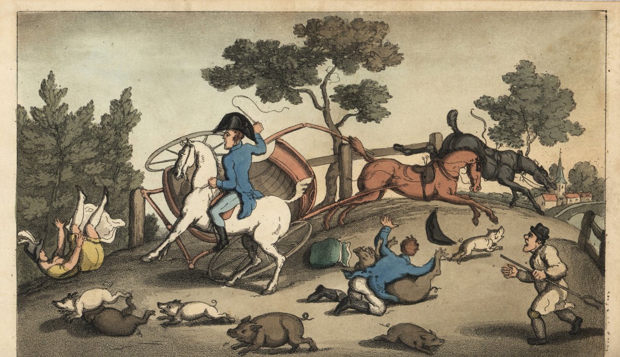Johnny og en dame krasjer en konsert i en svineflokk. Håndfarget kobberstikk av W. Lest etter en illustrasjon av Thomas Rowlandson fra Alfred Burtons The Adventures of Johnny Newcombe in the Navy, Simpkin, London av Thomas Rowlandson