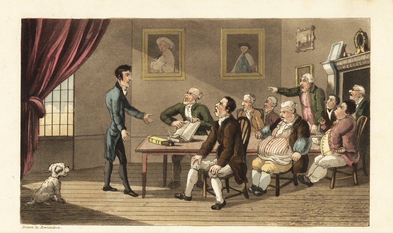 Johnny og kreditorene hans. De stakkars herrene står overfor et rom fullt av handelsmenn og butikkeiere som krever tilbakebetaling av gjelden hans. Håndfarget kobberstikk av Thomas Rowlandson fra William Combes The History of Johnny Quae Genus, the Little  av Thomas Rowlandson