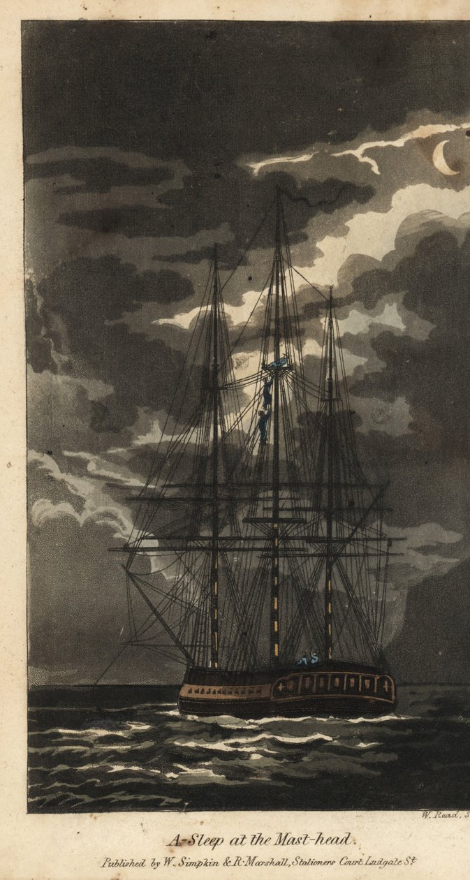 Johnny sover ved mastehodet. To sjømenn klatrer på riggen for å vekke ham. Håndfarget kobberstikk av W. Lest etter en illustrasjon av Thomas Rowlandson fra Alfred Burtons The Adventures of Johnny Newcombe in the Navy, Simpkin, London av Thomas Rowlandson