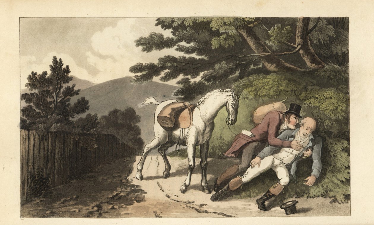 Johnny hjelper en reisende som har blitt kastet fra hesten sin. Håndfarget kobberstikk av Thomas Rowlandson fra William Combes The History of Johnny Quae Genus, the Little Foundling of the late Doctor Syntax. av Thomas Rowlandson