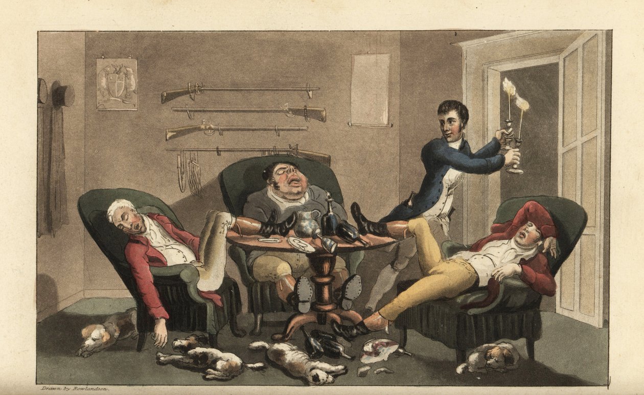 Johnny på en sportslig finale: Johnny med lysestaker lar tre fulle jegere sove i en spisestue med tomme vinflasker og sovende hunder. Håndfarget kobberstikk av Thomas Rowlandson fra William Combes The History of Johnny Quae av Thomas Rowlandson