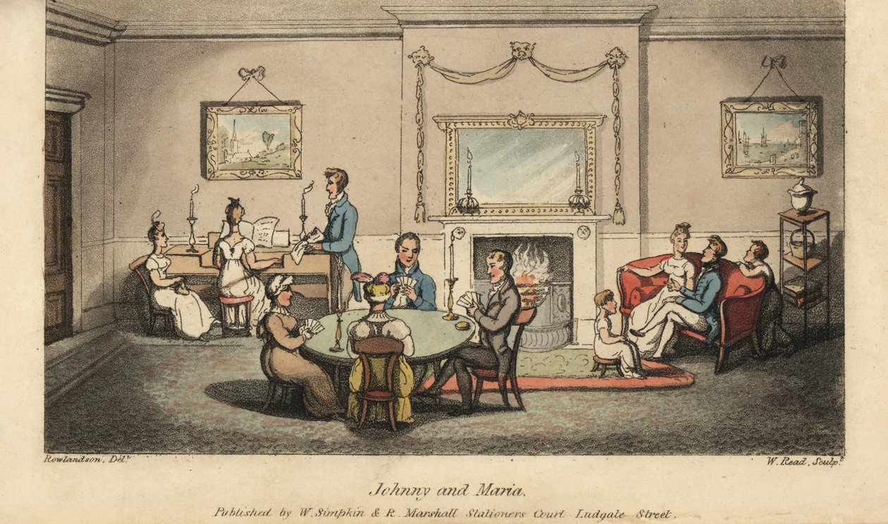 Johnny frier til Maria i en salong mens andre spiller kort og synger sanger foran peisen. Håndfarget kobberstikk av W. Lest etter en illustrasjon av Thomas Rowlandson fra Alfred Burtons The Adventures of Johnny Newcombe in the Navy, Si av Thomas Rowlandson