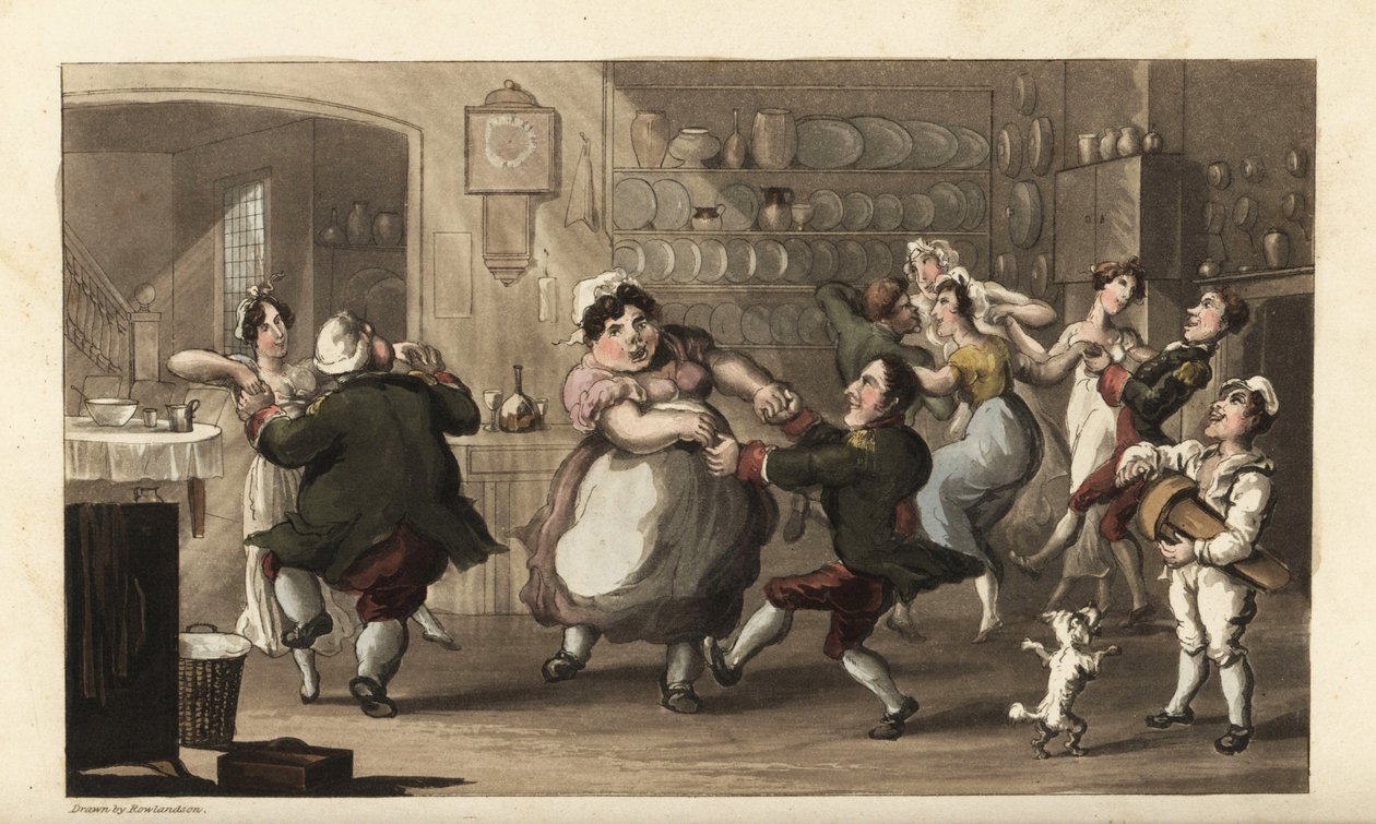 Johnny danser på en hemmelig fest med andre tjenere på kjøkkenet. Kok, kusk, stuepike og kobber nyter mesterens mat og vin. Håndfarget kobberstikk av Thomas Rowlandson fra William Combes The History of Johnny Quae Genus, the Li av Thomas Rowlandson