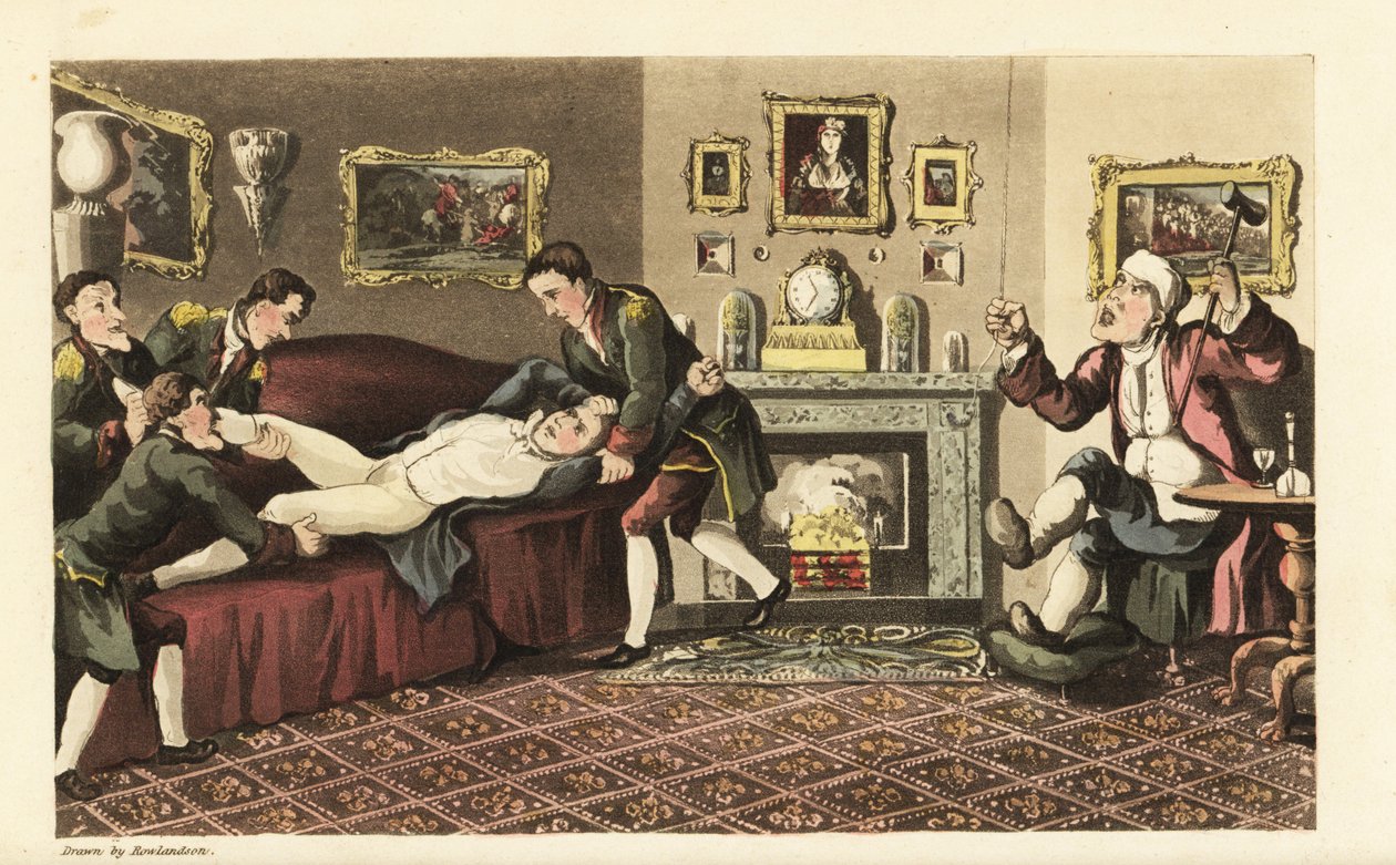Johnny full på sofaen i Sir David Dangles hus kastet ut av de livlige fotfolket. Håndfarget kobberstikk av Thomas Rowlandson fra William Combes The History of Johnny Quae Genus, the Little Foundling of the late Doctor Syntax. av Thomas Rowlandson
