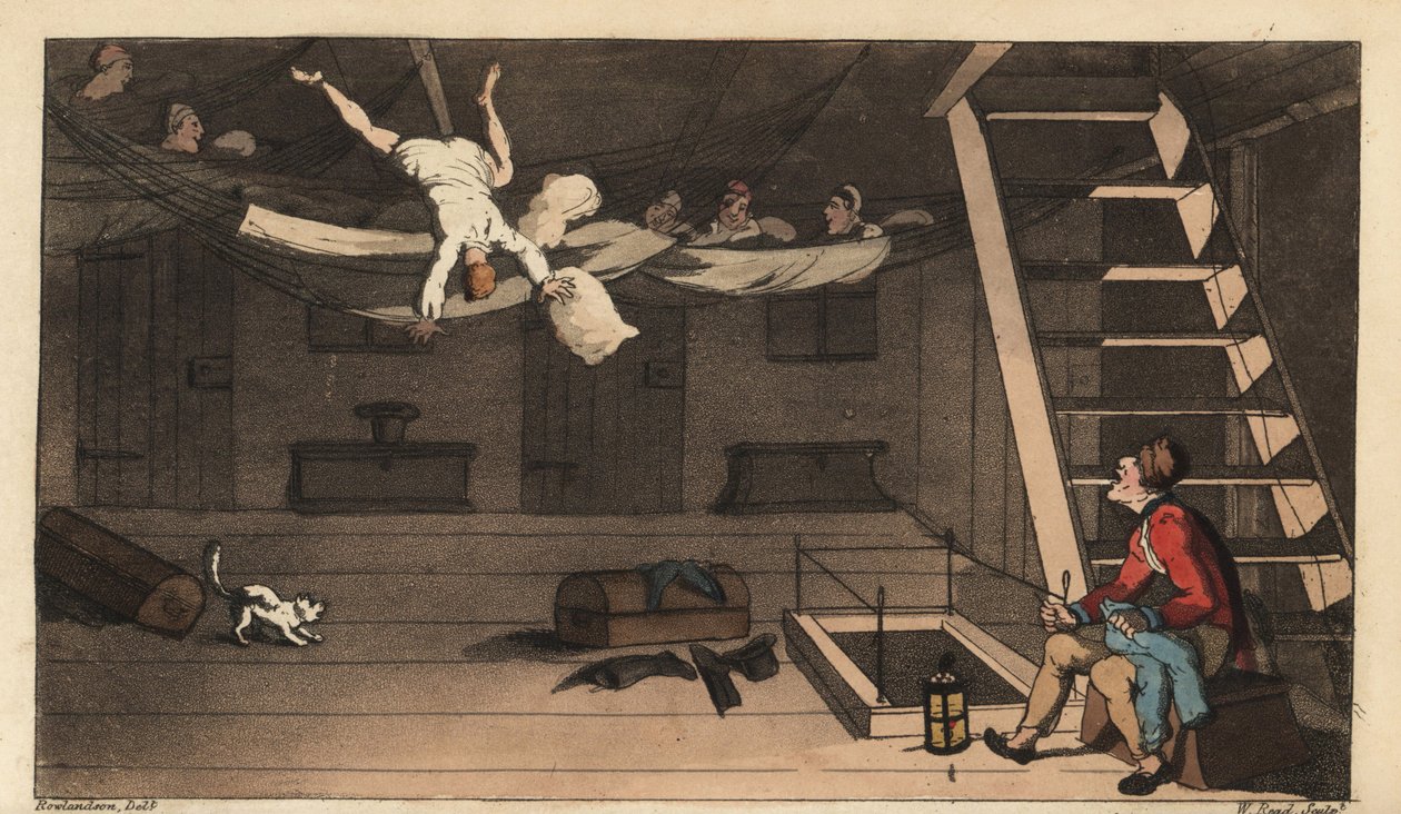 Johnny faller ut av hengekøyen i hytta hans. Håndfarget kobberstikk av W. Lest etter en illustrasjon av Thomas Rowlandson fra Alfred Burtons The Adventures of Johnny Newcombe in the Navy, Simpkin, London av Thomas Rowlandson