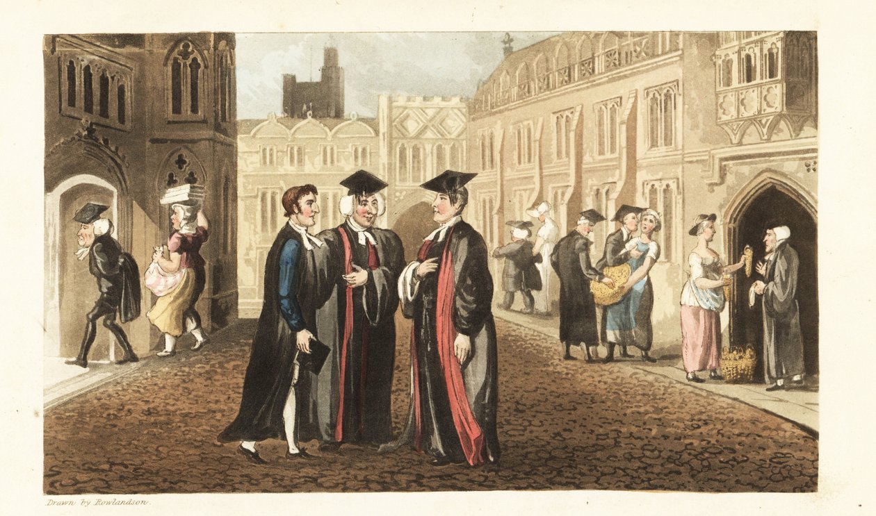 Johnny i kapper snakker med Dons ved Oxford University, mens andre lærde og studenter kjøper mais fra kjøpmenn og molester tjenestepiker. Håndfarget kobberstikk av Thomas Rowlandson fra William Combes The History of Johnny Quae Genus, the Little Foun av Thomas Rowlandson