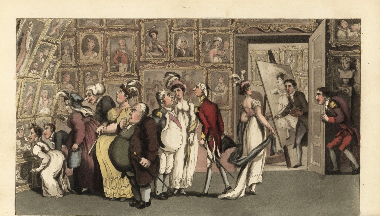 Johnny i tjeneste for portrettmaleren Carmine i galleriet hans. Når han er alene, ødelegger Johnny portrettene med kritt og skaper furore. Håndfarget kobberstikk av Thomas Rowlandson fra William Combes The History of Johnny Quae Genus, the Li av Thomas Rowlandson