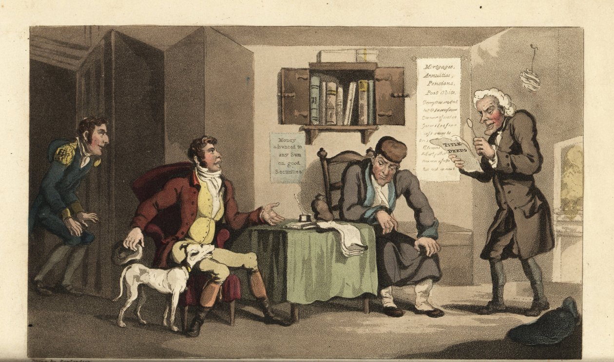Johnny i tjenesten til Jacob Levi, pengeutlåneren. Håndfarget kobberstikk av Thomas Rowlandson fra William Combes The History of Johnny Quae Genus, the Little Foundling of the late Doctor Syntax. av Thomas Rowlandson