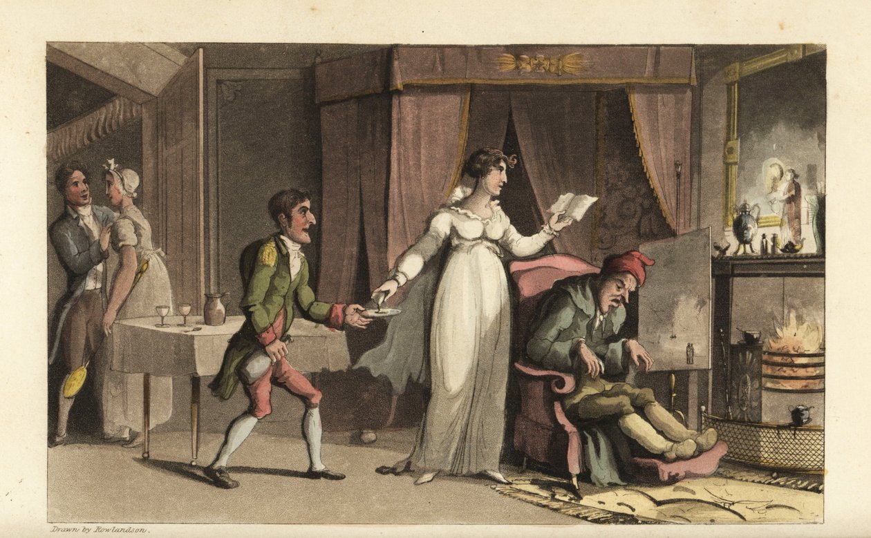 Johnny i tjeneste for gjerrigen John Squeeze og hans forsiktige niese Amelia Squeeze. Johnny tar med et glass medisin til den døende gamle mannen. Håndfarget kobberstikk av Thomas Rowlandson fra William Combes The History of Johnny Quae Genus, th av Thomas Rowlandson