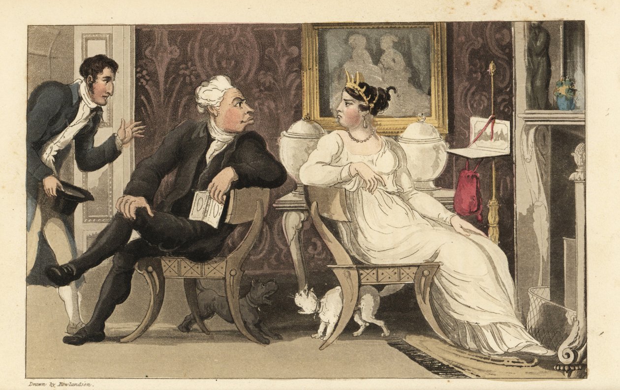 Johnny avbryter en krangel mellom gjester på en fest i en regency-salong. Håndfarget kobberstikk av Thomas Rowlandson fra William Combes The History of Johnny Quae Genus, the Little Foundling of the late Doctor Syntax. av Thomas Rowlandson