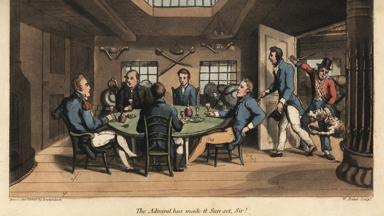 Johnny blir med kapteinen i lugaren hans for drinker med de andre offiserene. Admiralen har gjort det til solnedgang, sir! Håndfarget kobberstikk av W. Lest etter en illustrasjon av Thomas Rowlandson fra Alfred Burtons The Adventures of Johnny Newcombe i av Thomas Rowlandson
