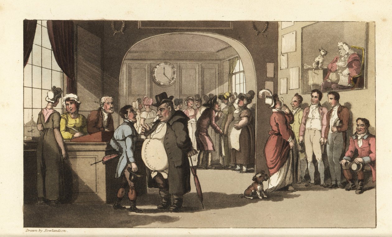 Johnny søker jobb ved et registerkontor for hushjelp. Menn og kvinner med monokler undersøker bærere, hushjelper og annet personale. Håndfarget kobberstikk av Thomas Rowlandson fra William Combes The History of Johnny Quae Genus, the Lit av Thomas Rowlandson