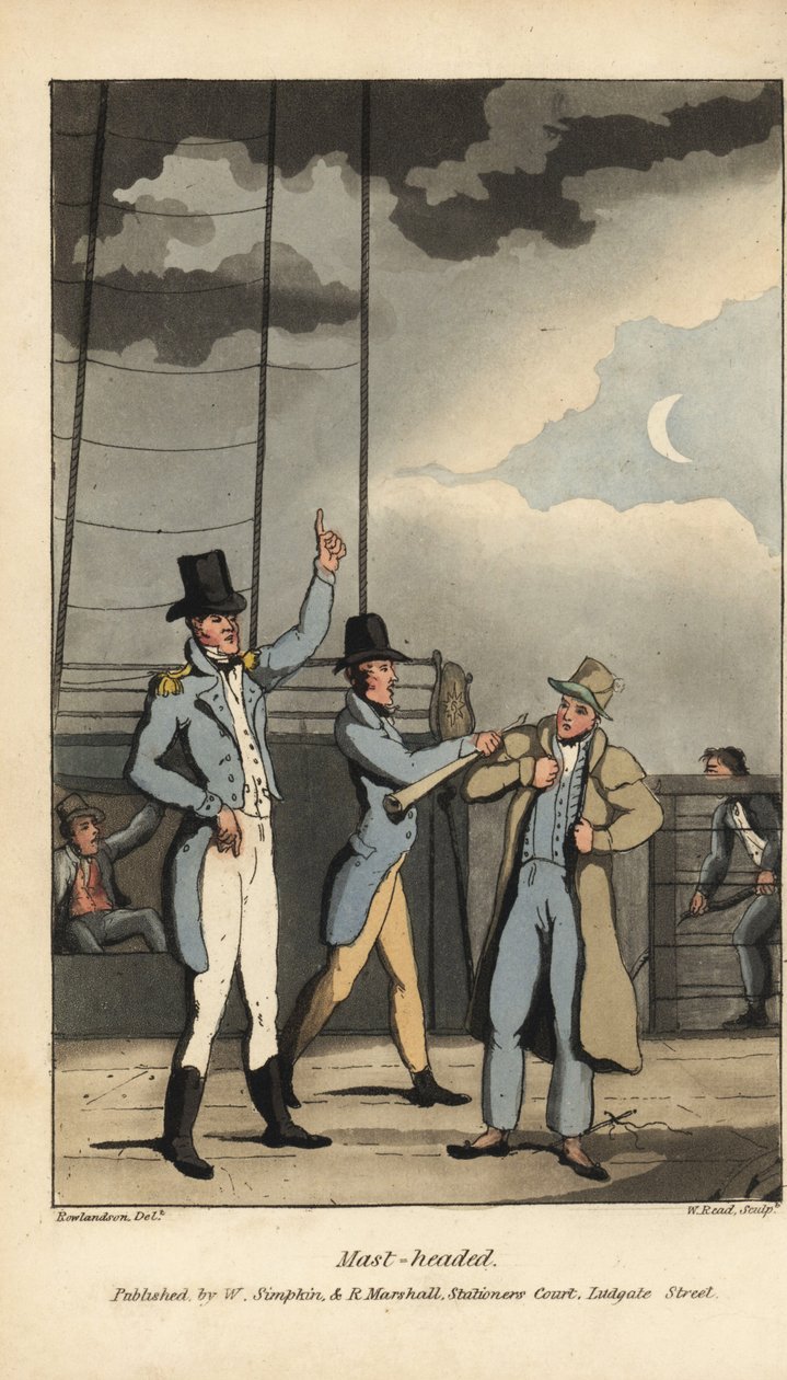 Johnny ledet av kapteinen. Beordret til å klatre til toppen av masten for å ha mistet en sjømann på landpermisjon. Håndfarget kobberstikk av W. Lest etter en illustrasjon av Thomas Rowlandson fra Alfred Burtons The Adventures of Johnny Newcombe i av Thomas Rowlandson