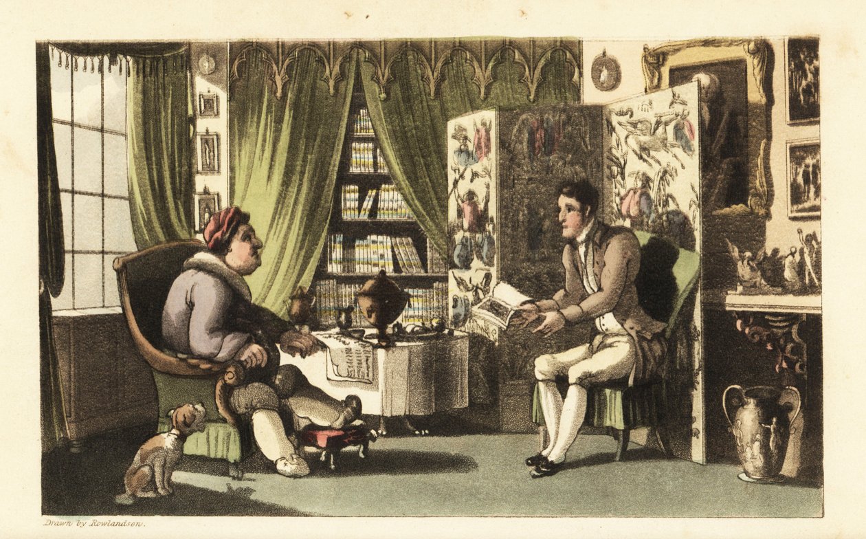 Johnny leser for Sir Jeffery Gourmand i hans arbeidsrom. Håndfarget kobberstikk av Thomas Rowlandson fra William Combes The History of Johnny Quae Genus, the Little Foundling of the late Doctor Syntax. av Thomas Rowlandson