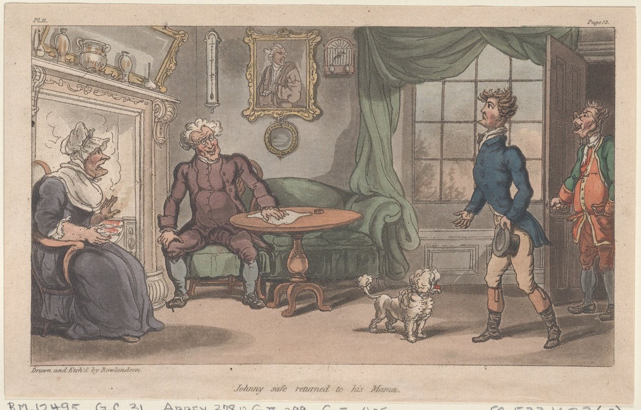Johnny safe kom tilbake til mammaen sin, fra The Military Adventures of Johnny Newcome, 1815., 1815. av Thomas Rowlandson