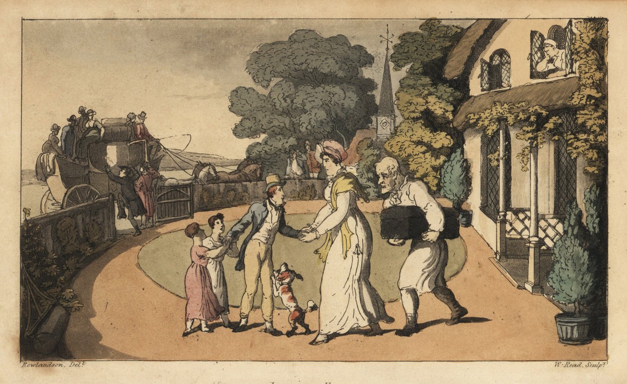 Johnny tar farvel med moren og søstrene mens han drar til Royal Navy på diligens. Håndfarget kobberstikk av W. Lest etter en illustrasjon av Thomas Rowlandson fra Alfred Burtons The Adventures of Johnny Newcombe in the Navy, Si av Thomas Rowlandson