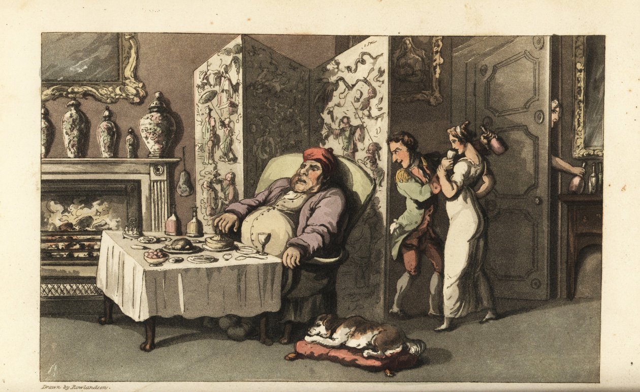 Johnny sniker til hushjelpen Molly et glass vin i stuen mens Sir Jeffery Gourmand sover ved spisebordet. Nesten tatt av en annen tjener ved døren. Håndfarget kobberstikk av Thomas Rowlandson fra William Combes The History of John av Thomas Rowlandson