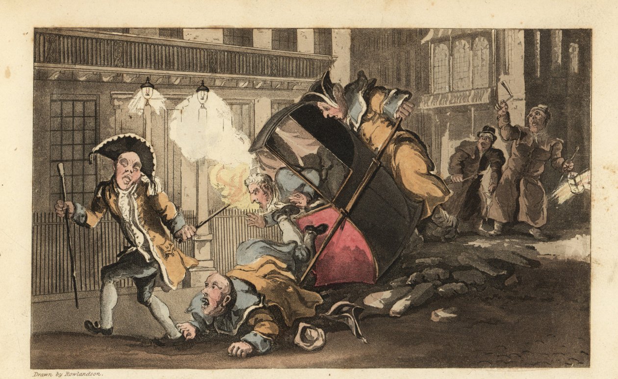 Johnny kastet ut av en sedanstol da portørene krasjet over en steinrøys på gaten. Nattevakter med lykter og rangler ankommer. Håndfarget kobberstikk av Thomas Rowlandson fra William Combes The History of Johnny Quae Genus, av Thomas Rowlandson