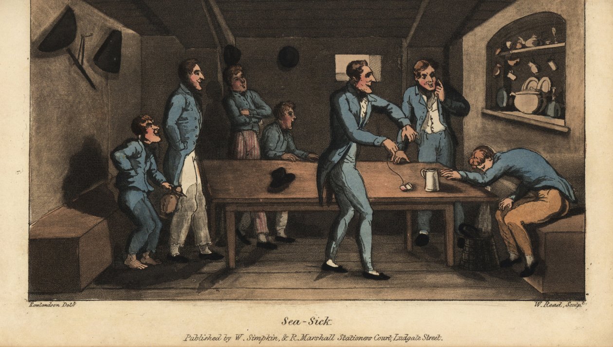 Johnny kaster opp i en bøtte i kabinen mens skipet hans setter seil. En annen offiser foreslår et middel med saltvann og et stykke salt svinekjøtt på en snor. Håndfarget kobberstikk av W. Lest etter en illustrasjon av Thomas Rowlandson fra Alfred Burto av Thomas Rowlandson