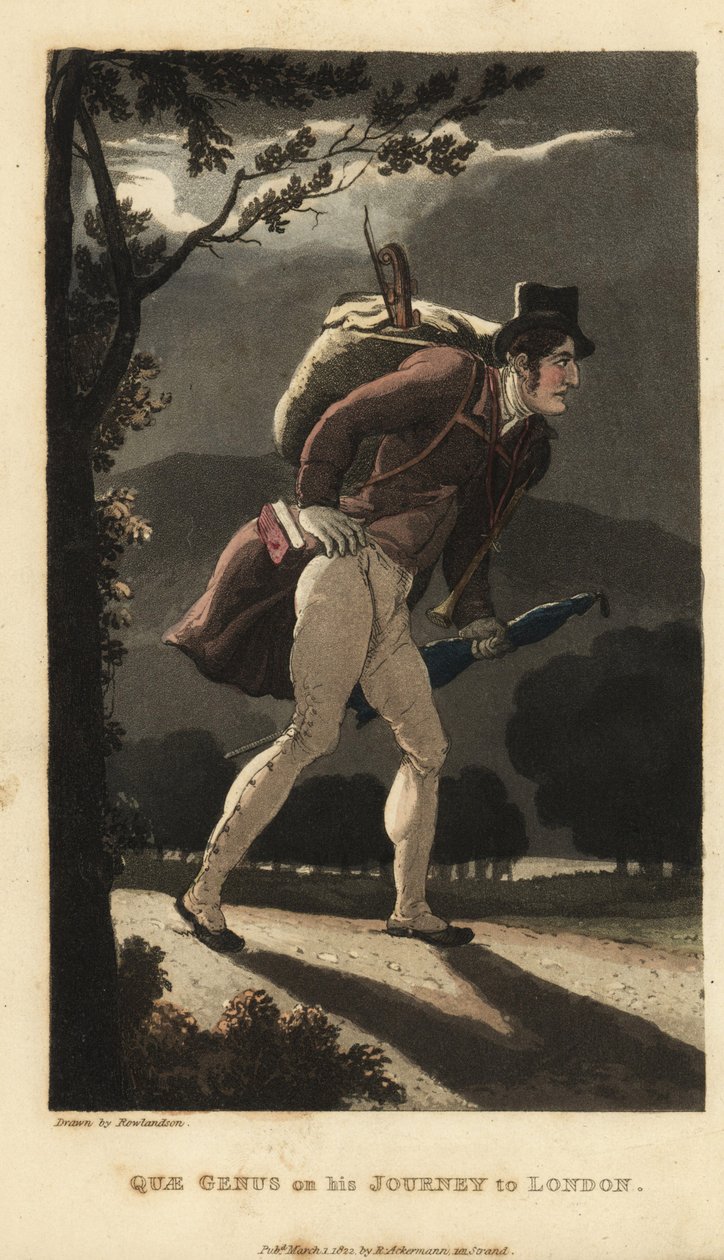 Johnny går på den månelyse veien til London. Han har en ryggsekk med fiolin, en bok i frakkelommen og bærer en paraply. Håndfarget kobberstikk av Thomas Rowlandson fra William Combes The History of Johnny Quae Genus, the Little Found av Thomas Rowlandson