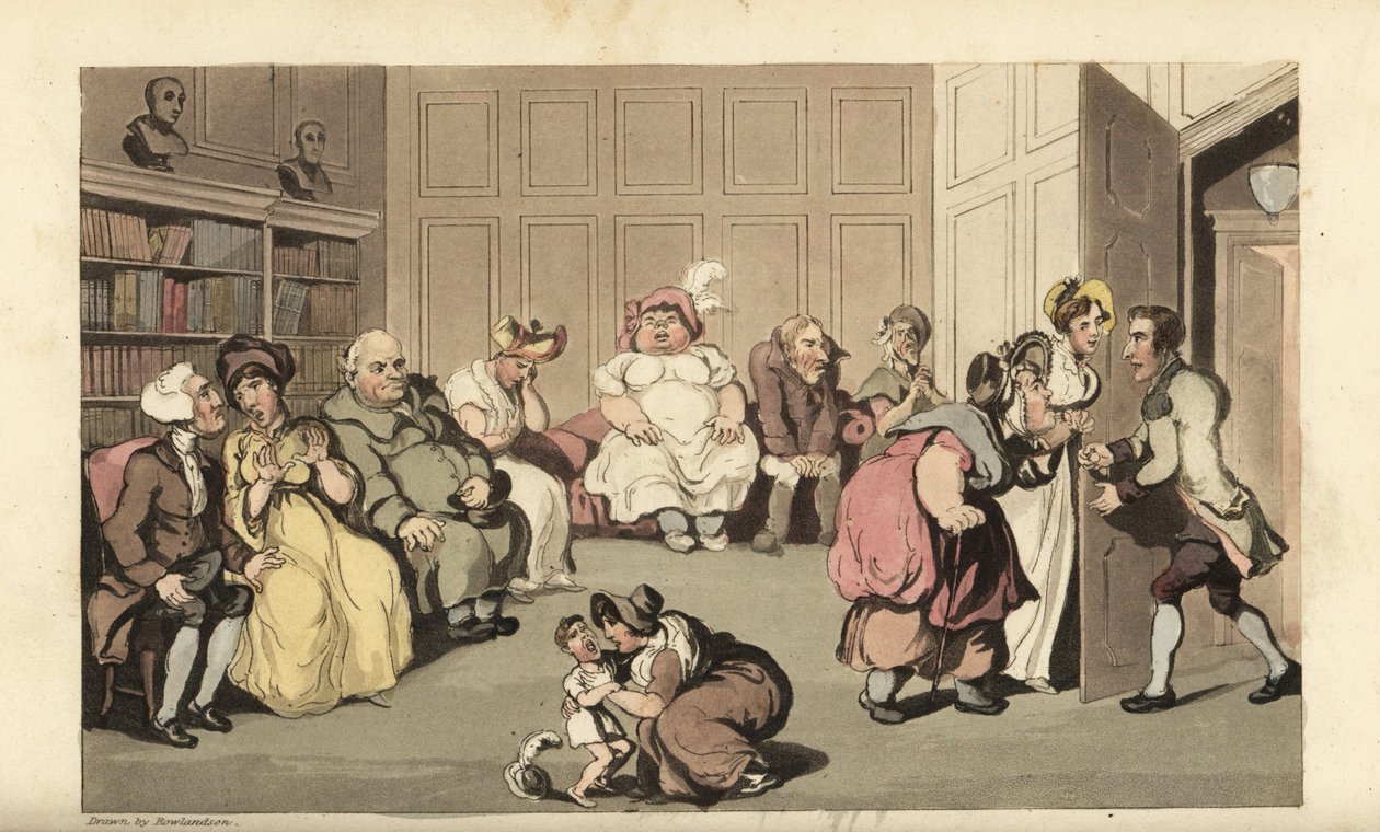 Johnny med andre pasienter på kvaksalverdoktor Anodynes venterom. Håndfarget kobberstikk av Thomas Rowlandson fra William Combes The History of Johnny Quae Genus, the Little Foundling of the late Doctor Syntax. av Thomas Rowlandson