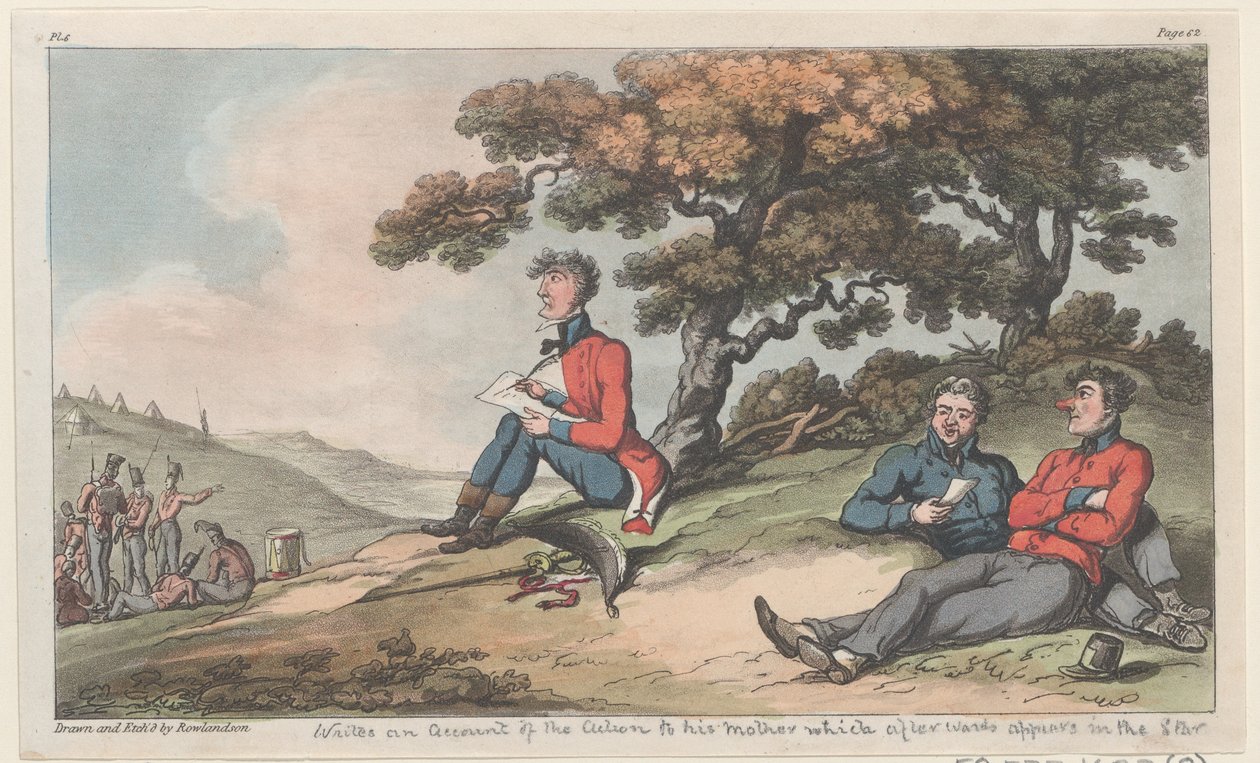 Johnny skriver en beretning om handlingen til moren sin, som etterpå vises i Star..., 1815. av Thomas Rowlandson