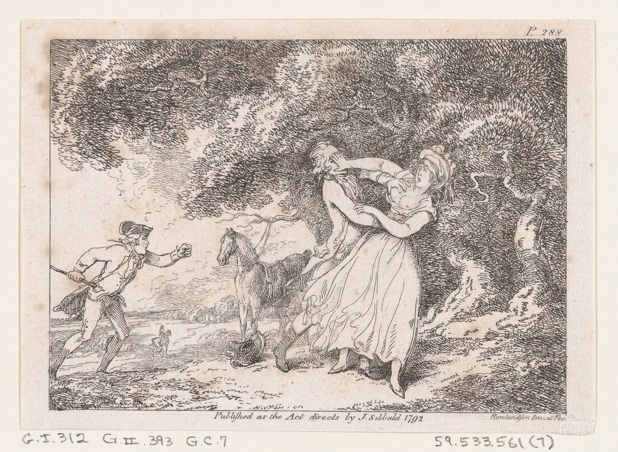 Joseph skynder seg for å redde Fanny fra overhengende fare, fra The Adventures of Joseph Andrew..., 1792. av Thomas Rowlandson