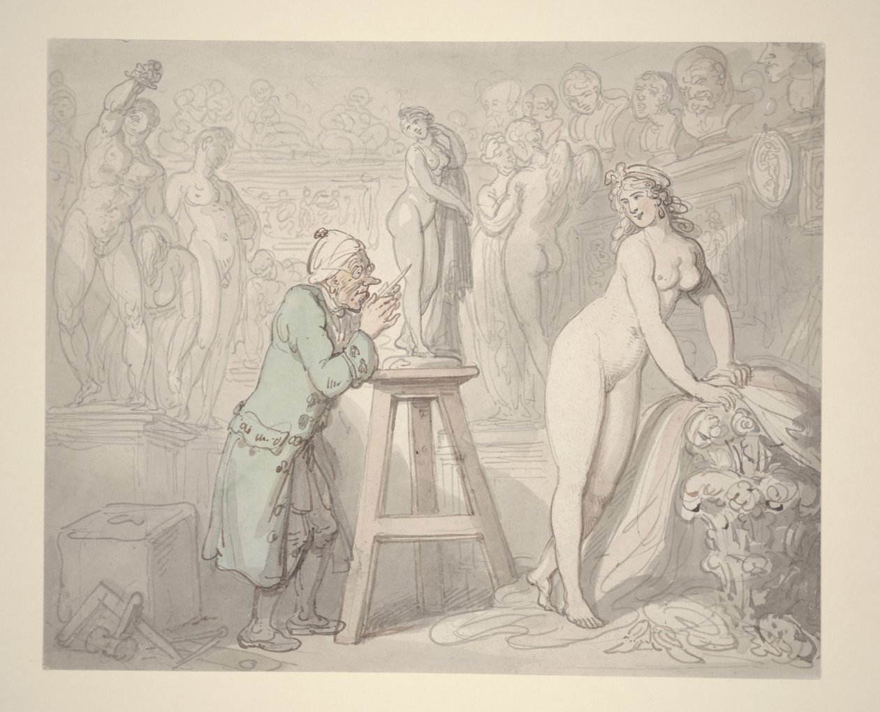 Joseph Nollekens in His Studio, ca. 1810 (blyant, blekk og akvarell på papir) av Thomas Rowlandson