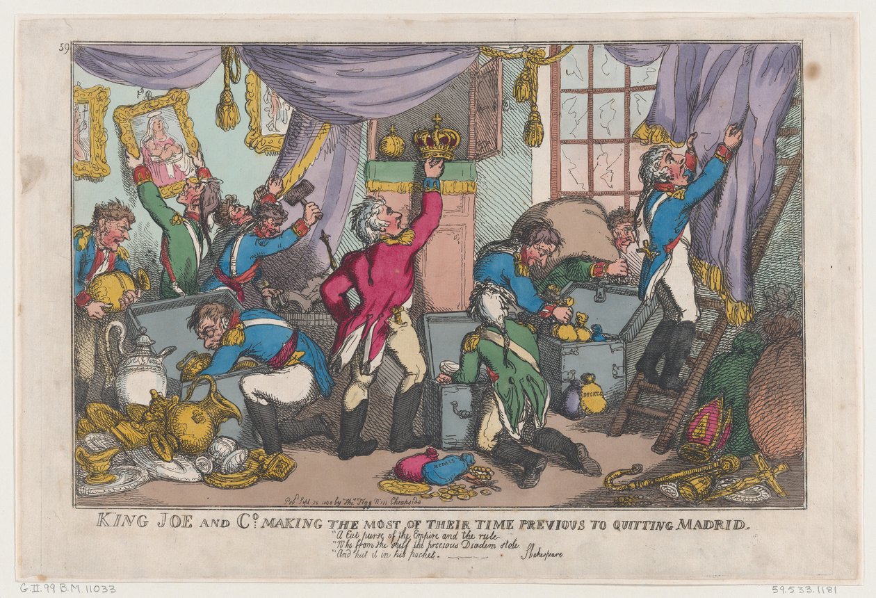 King Joe og Co. Får mest mulig ut av tiden sin før de sluttet i Madrid, ..., 25. september 1808. av Thomas Rowlandson