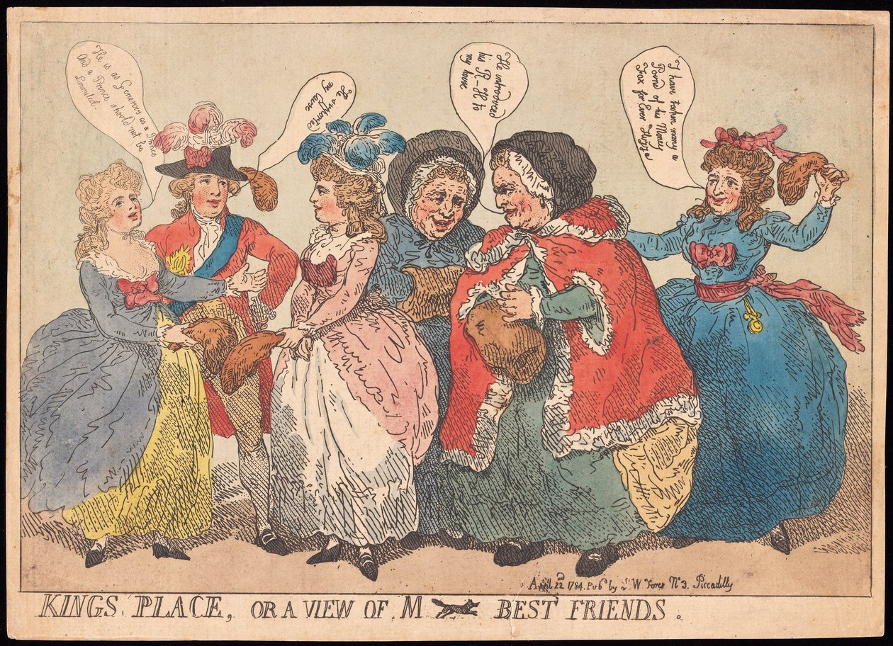 Kings Place, eller utsikt over M ---- Best Friends, pub. 1784 (håndfarget gravering) av Thomas Rowlandson