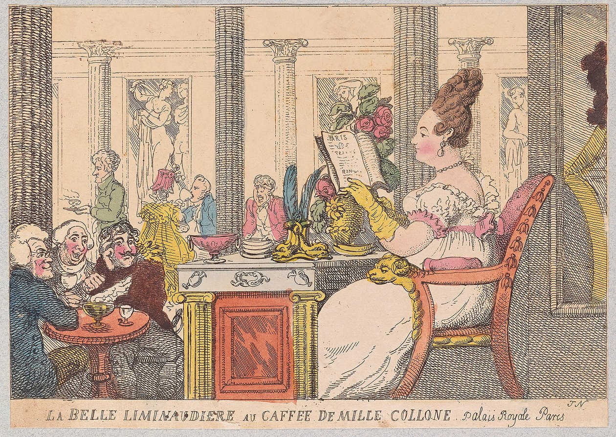 La Belle Liminaudiere på Cafe de Mille Colonne, Palais Royal, Paris, pub. 1814 (håndfarget gravering) av Thomas Rowlandson