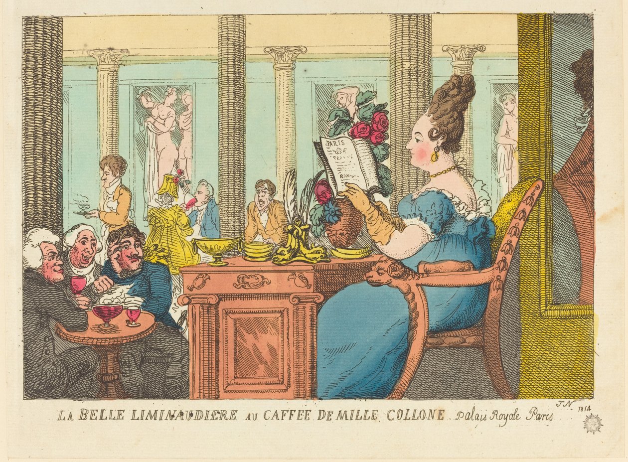 La Belle Limonaudiere på Cafe des Mille Colonnes, Palais Royal, Paris av Thomas Rowlandson