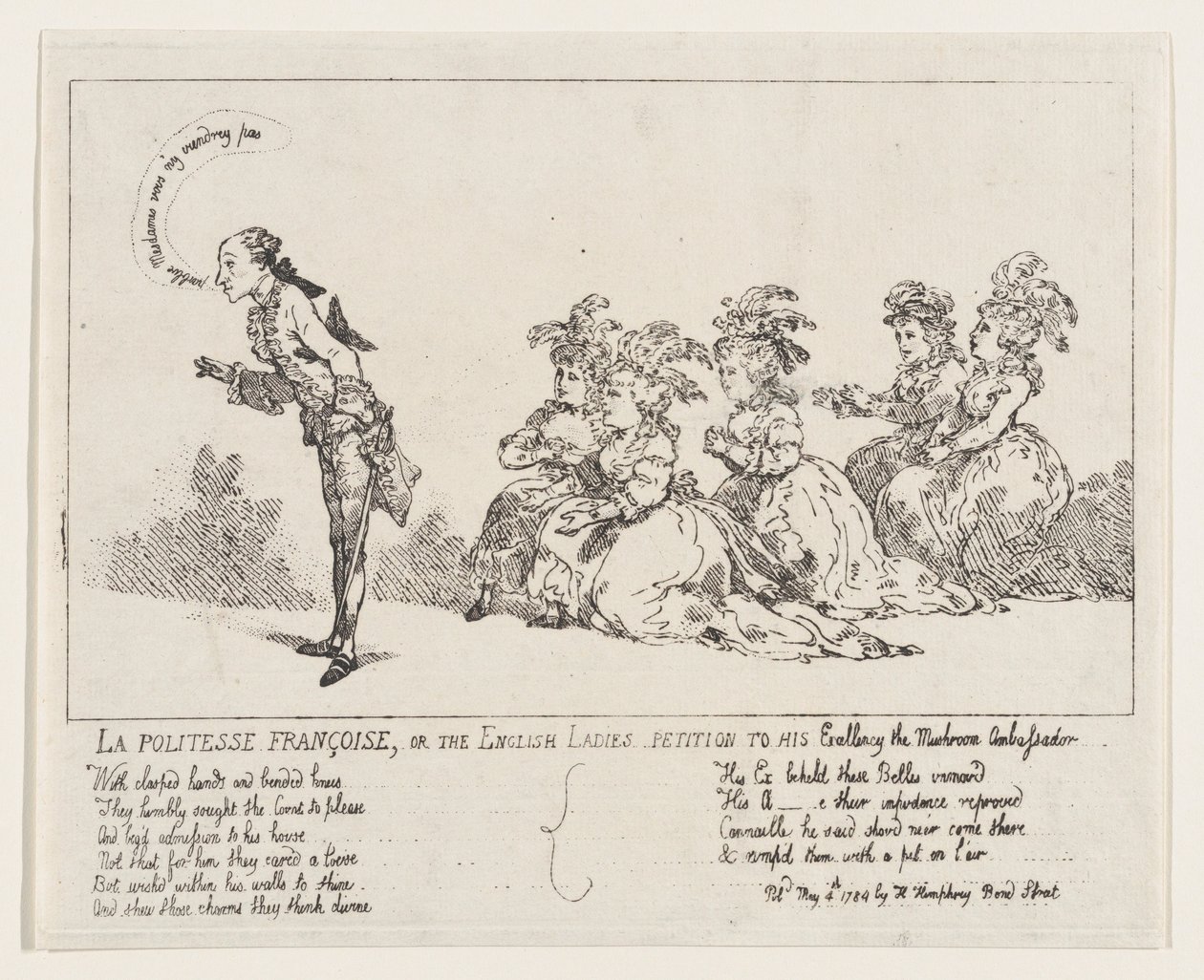 La politesse Françoise, eller The English Ladies Petition to His Excellence the Mushro..., 4. mai 1789. av Thomas Rowlandson