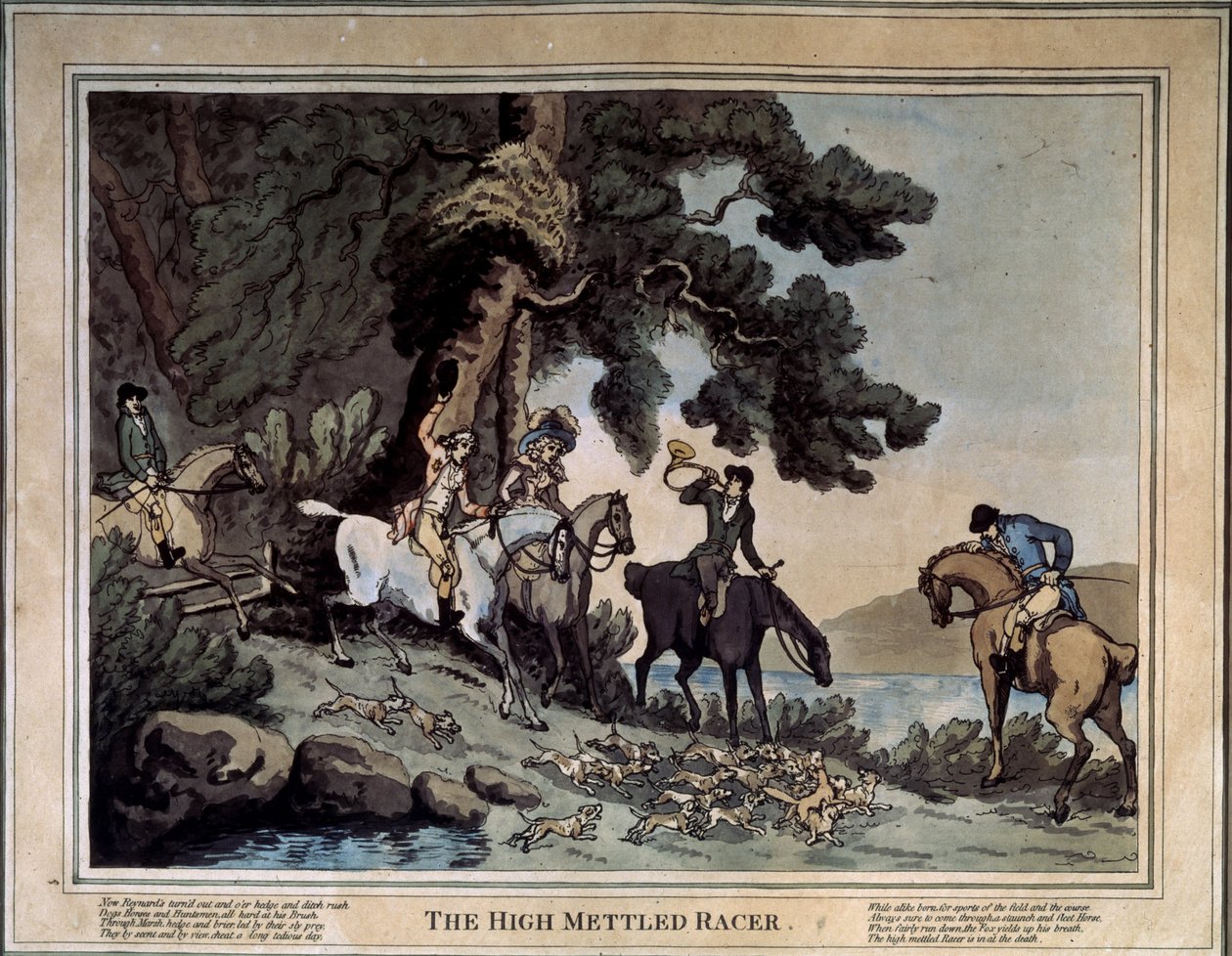 Møtet med høybudene (The high mettled racer). Tegning av Thomas Rowlandson (1756-1827). Etsning og akvarell av Thomas Rowlandson